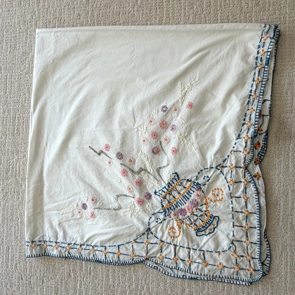 Vintage Hand Embroidered Floral Urn White Square Tablecloth Scalloped 46in