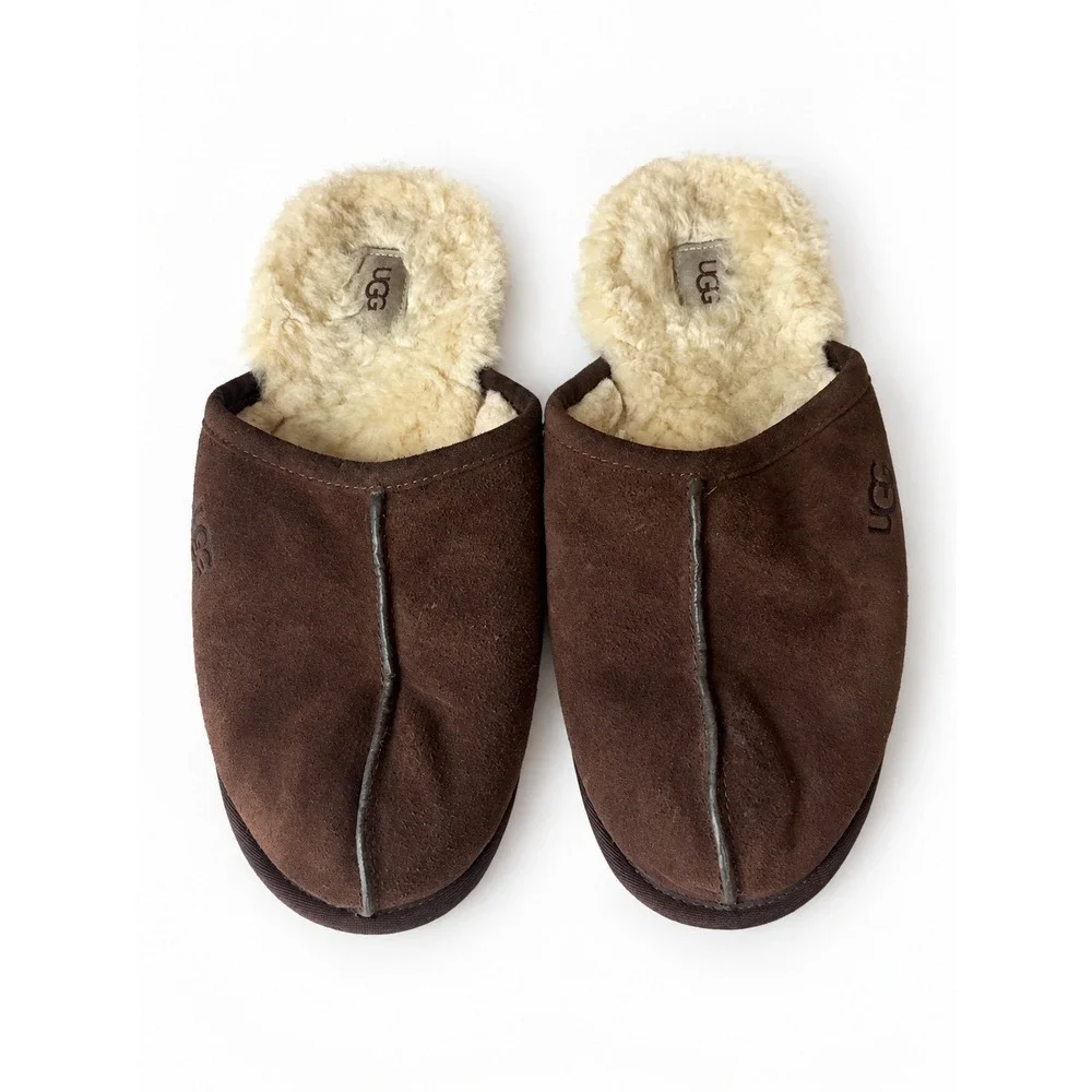 UGG Men's Size 14 Brown Suede Scuff Slippers Shearling Lined Slip On