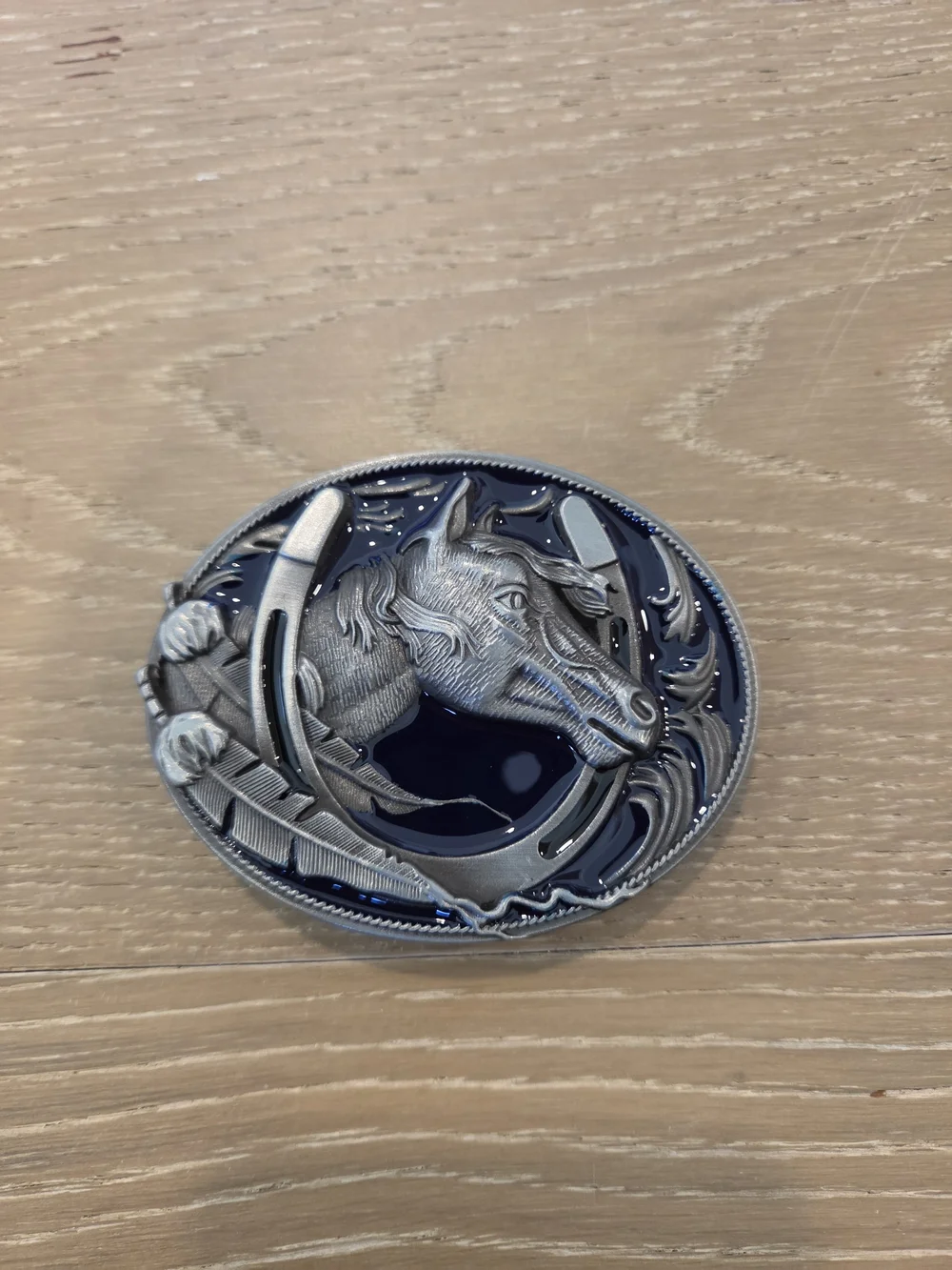 Western Horse Head Horseshoe Blue Enamel Oval Belt Buckle