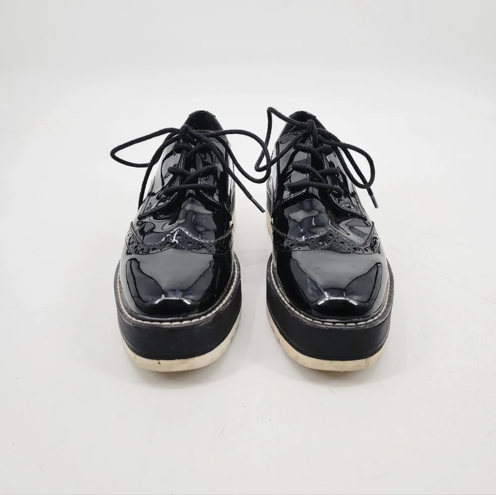 Zara Black Patent Leather Platform Oxford Derby Creepers Size 40 Dark Academia