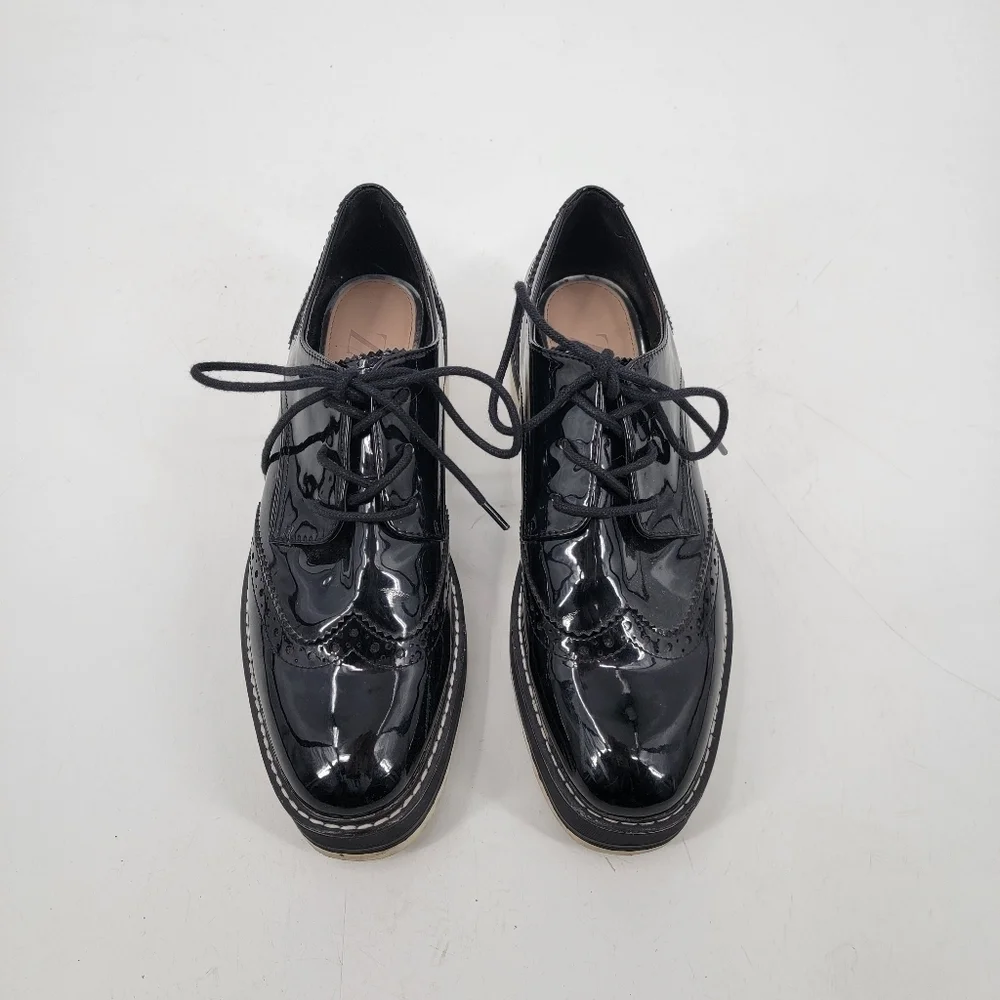 Zara Black Patent Leather Platform Oxford Derby Creepers Size 40 Dark Academia