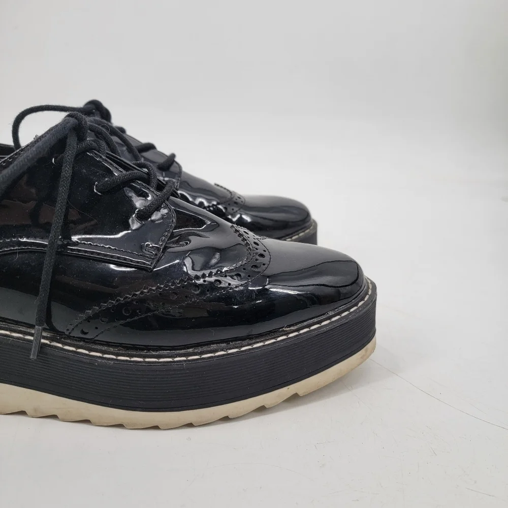 Zara Black Patent Leather Platform Oxford Derby Creepers Size 40 Dark Academia