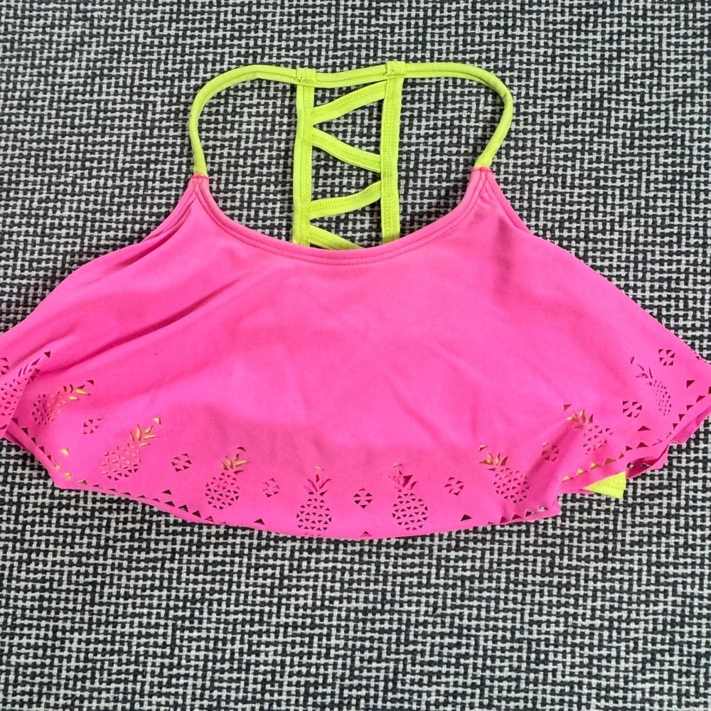 Girls Youth Pink Neon Green Pineapple Laser Cut Flounce Bikini Top Strappy Back