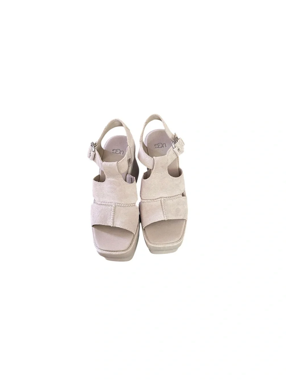 UGG New Heights Platform T-Strap Sandals Suede Mustard Seed Beige 7.5 NWT