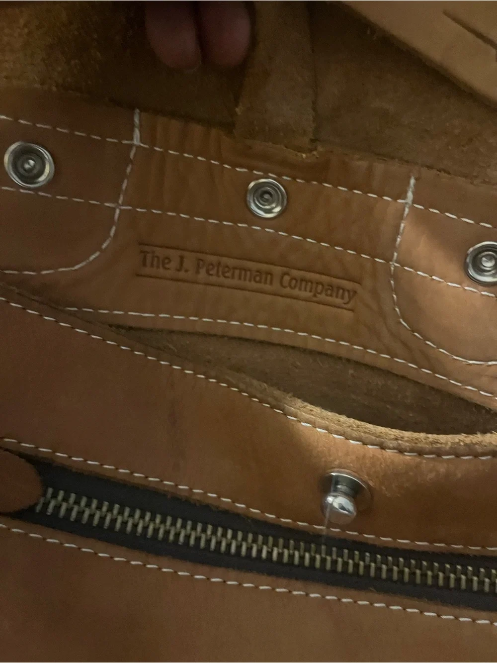 J. Peterman Tan Leather Shoulder Bag with White Stitching