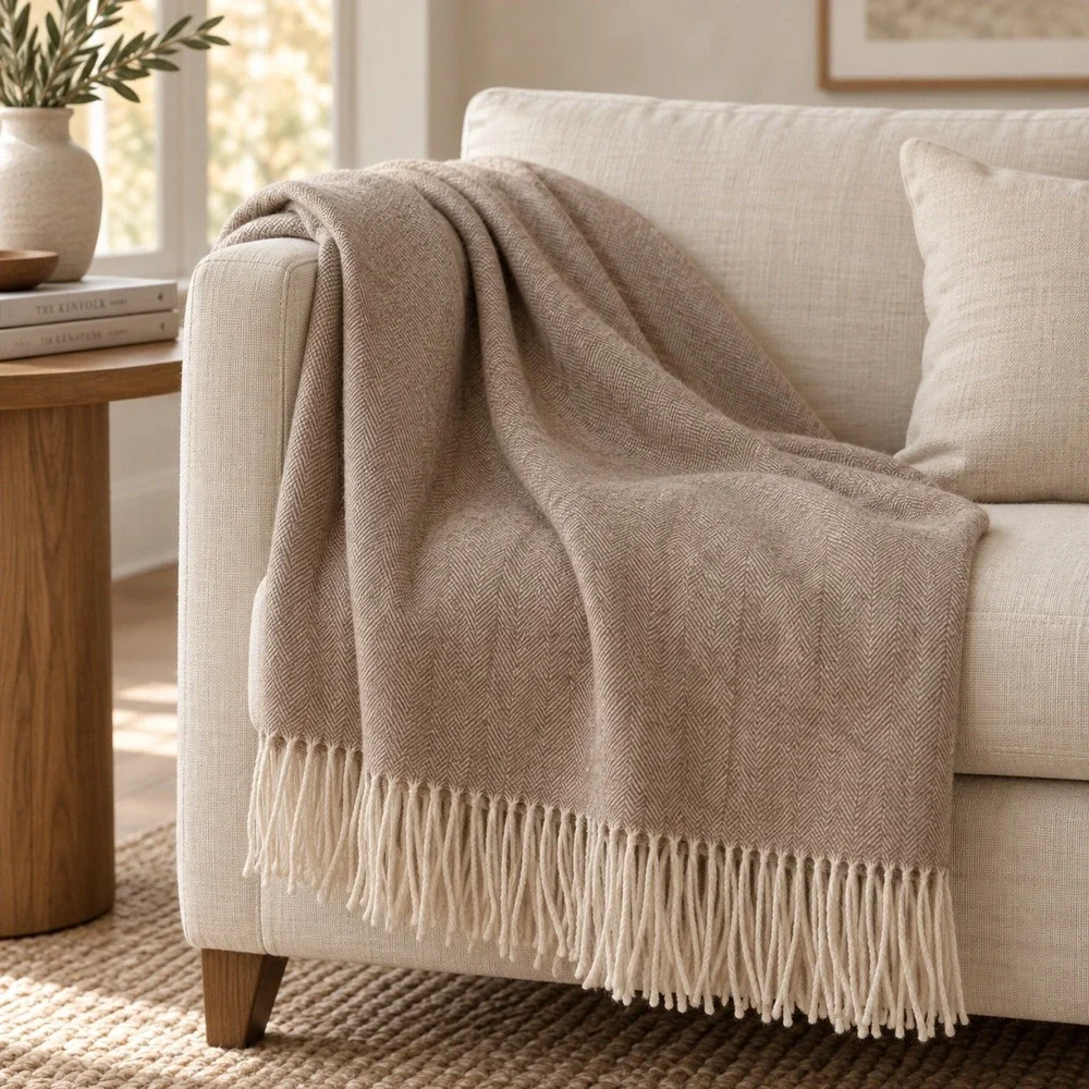 Alicia Adams 100% Alpaca Herringbone Throw Blanket Taupe 60x59 Quiet Luxury