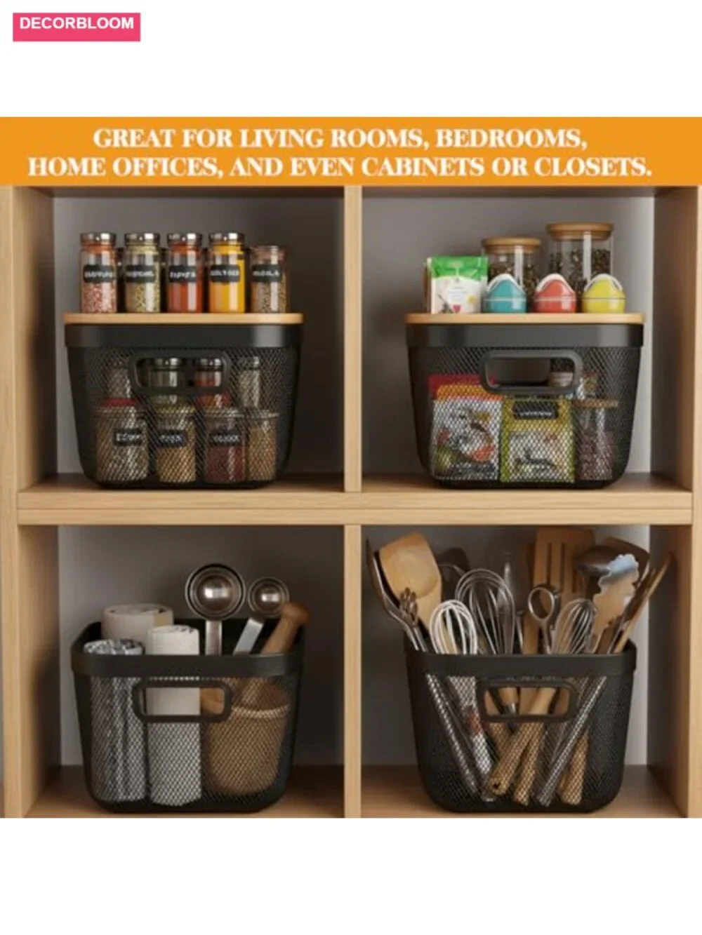 4 Pack Wire Baskets with Bamboo Lids Stackable Metal Storage Bins
