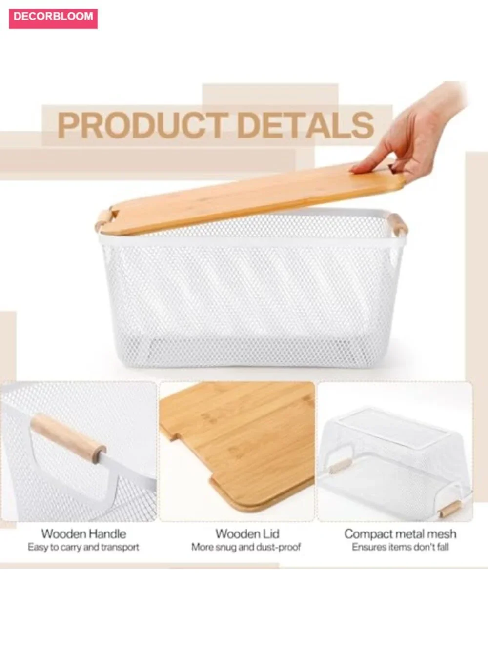 4 Pc Metal Wire Storage Baskets Bamboo Lids Wooden Handles Stackable