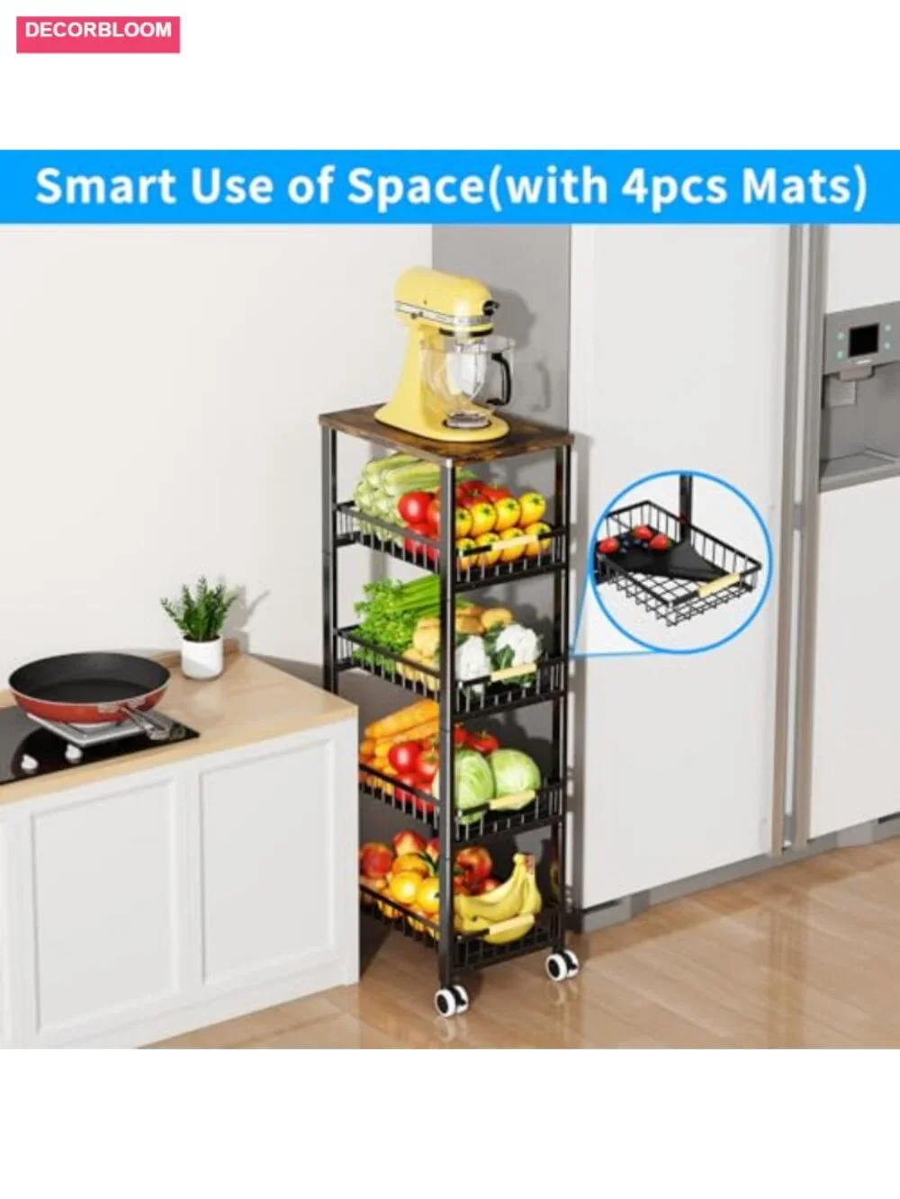5-Tier Metal Wire Basket Cart Wood Top Pull-Out Baskets with Mats & Wheels