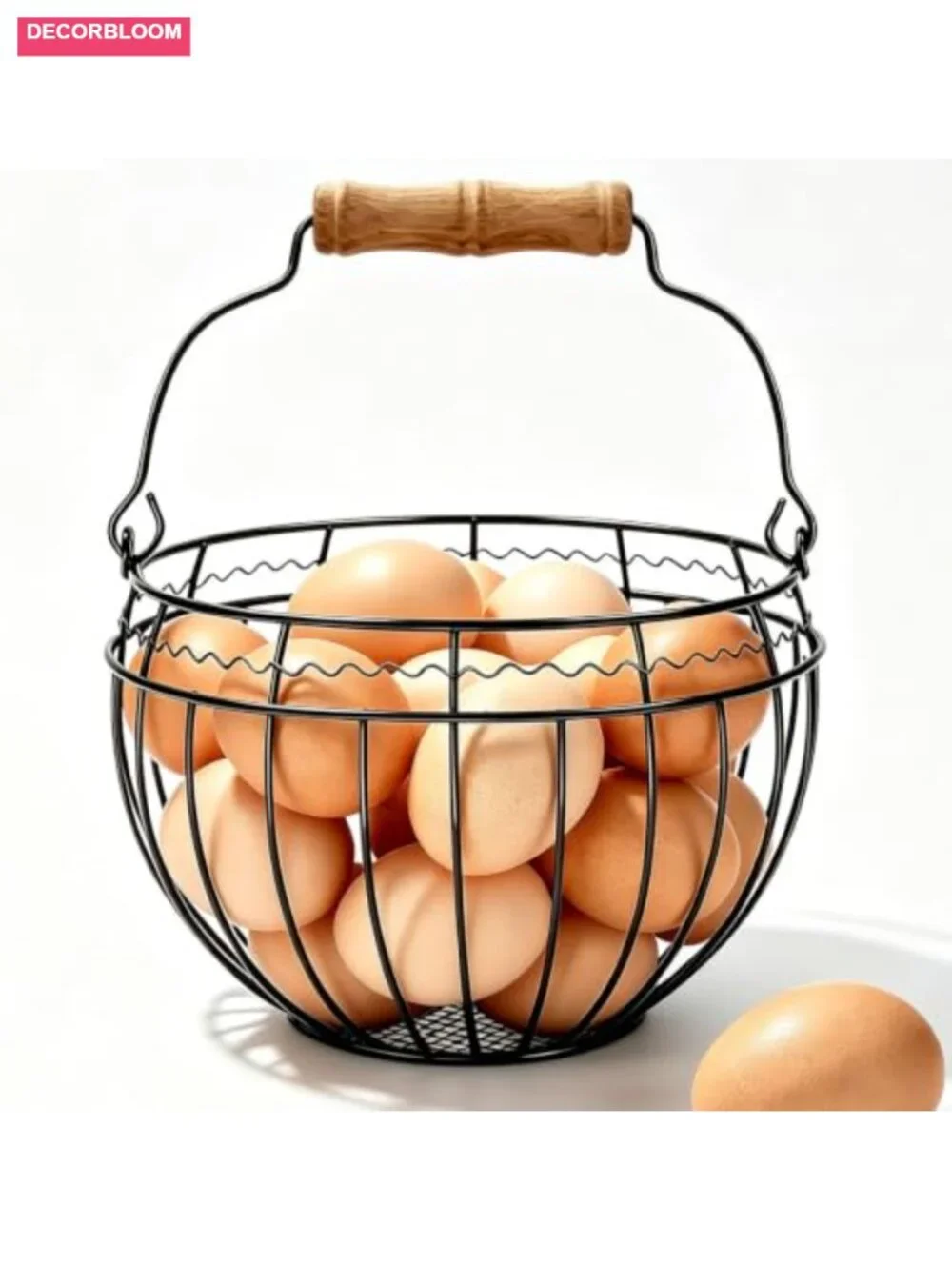 Wire Egg Basket Metal Wood Handle Holds 24 Eggs Farmhouse Kitchen