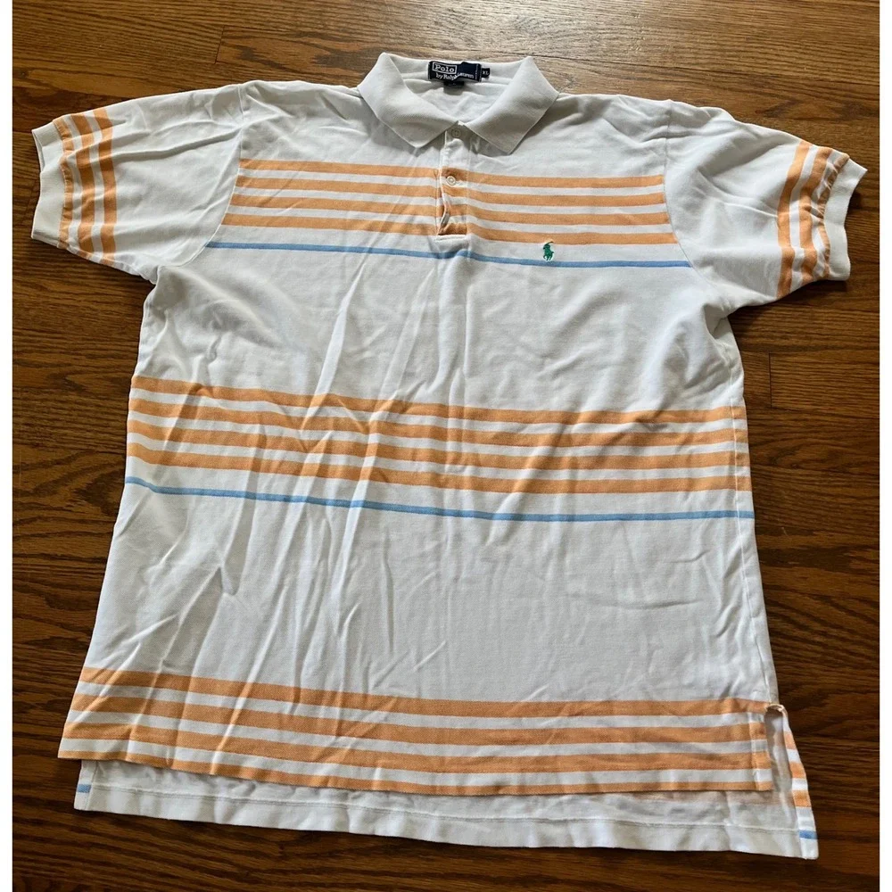 Polo Ralph Lauren Mens XL White Orange Blue Striped Pique Cotton Polo Shirt