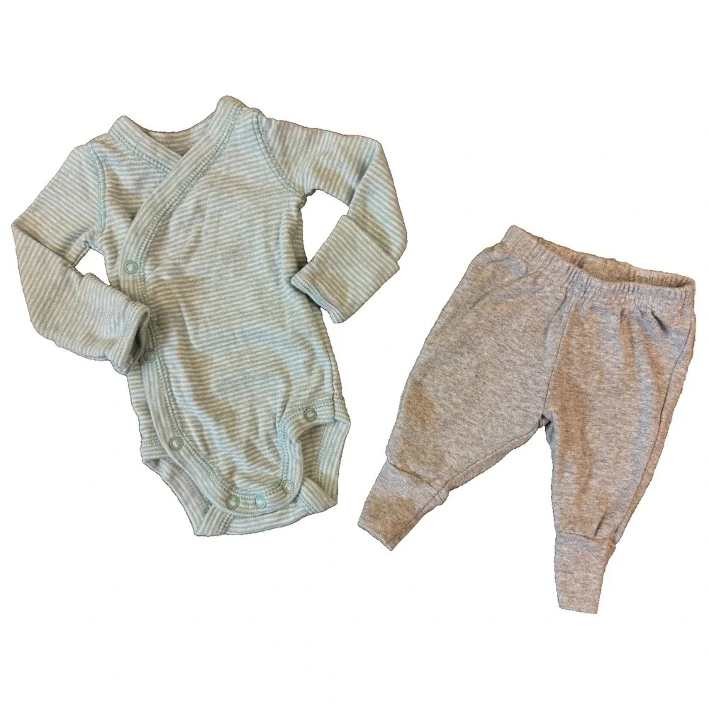 Carters Preemie Baby Boy Outfit Long Sleeved Bodysuit Pants Gray Green Stripes‎