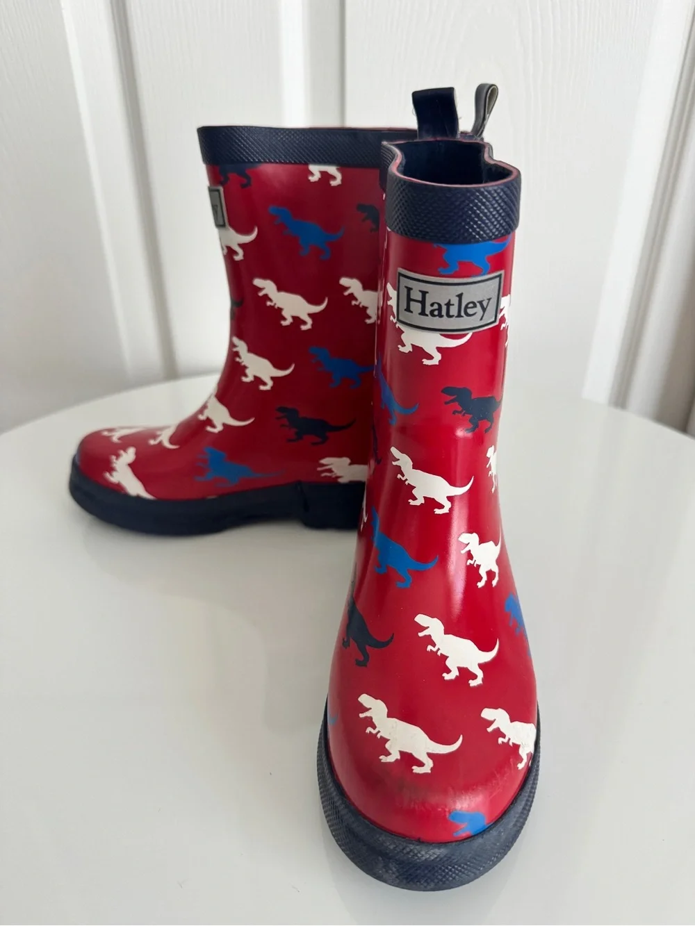 Hatley Red Rain Boots with Blue, White & Black T-Rex Dinosaur Print, size 11