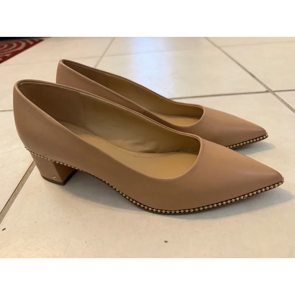 COACH Women’s Beige Pointed Toe Studded Trim Solid Slip-On Block Heel Pumps
