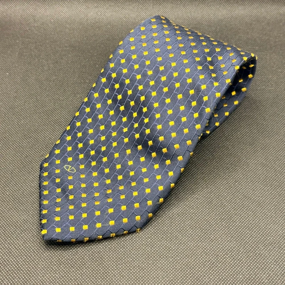 Vintage 1990s Valentino Navy Blue Yellow Diamond Silk Tie 4