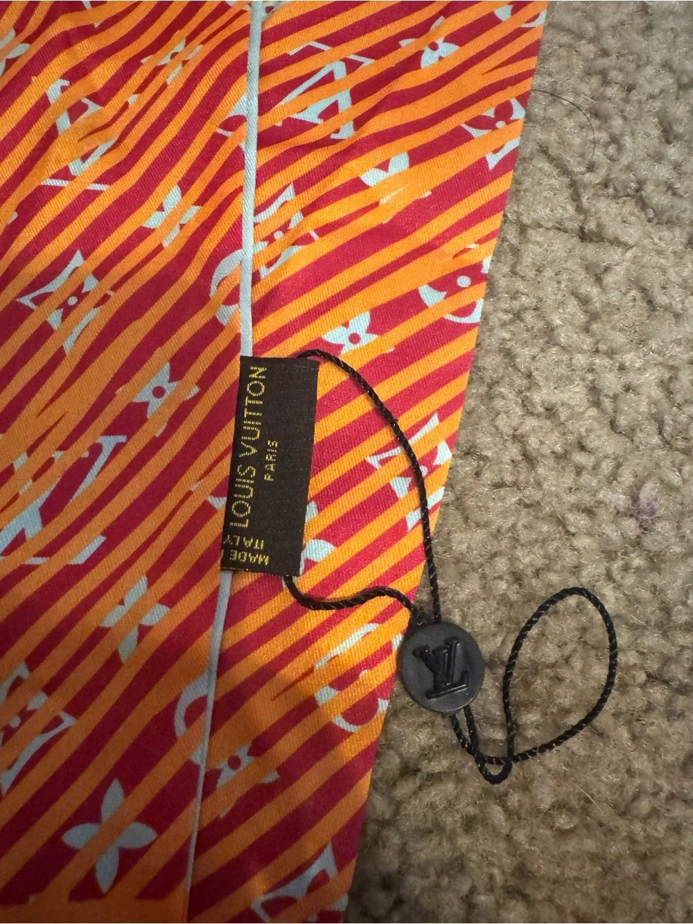 Louis Vuitton Orange & Light Blue Silk Twilly with Stripe Logo