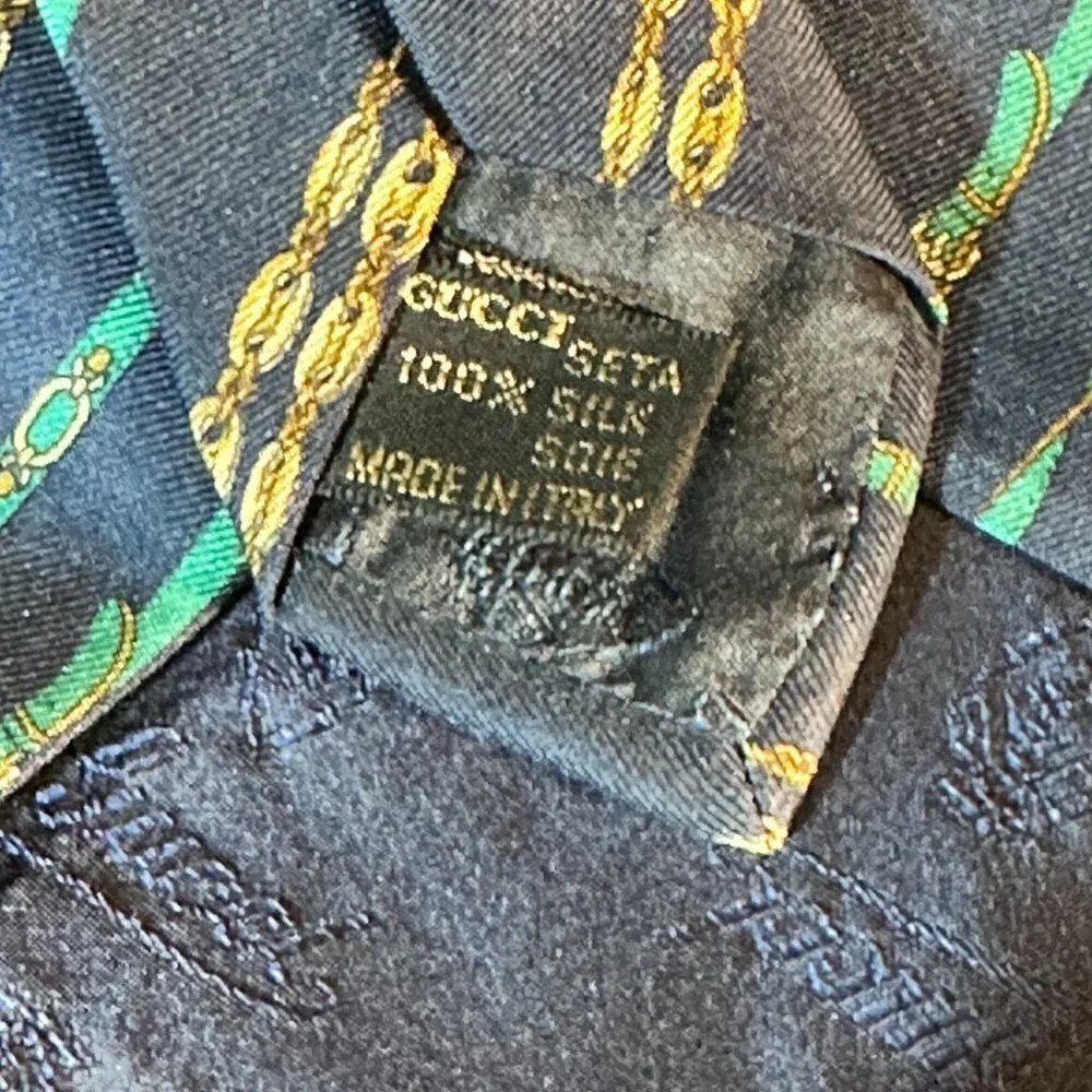 Gucci Logo Silk Tie Kelly Green Blue Striped Gold Link Chain Monogram Academia