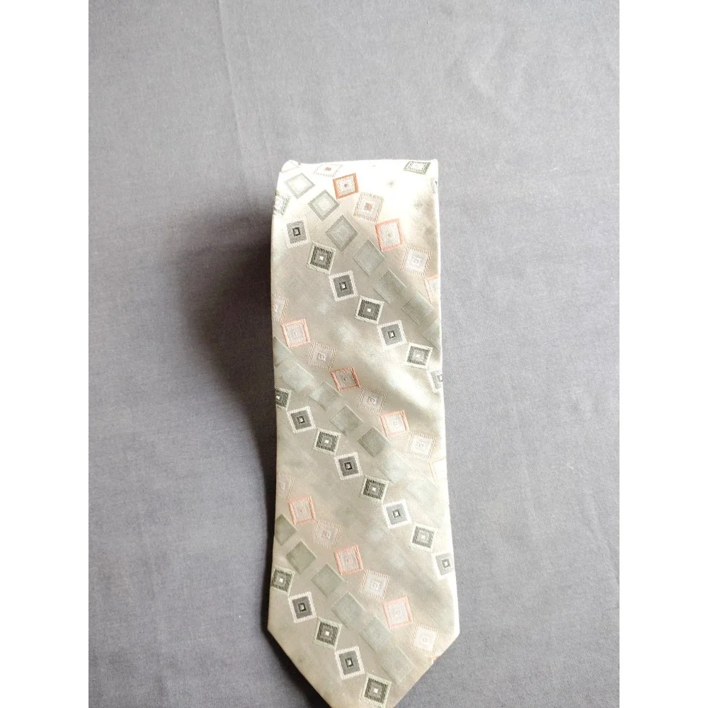 STACY ADAMS Men 100% Silk Hand Made Green Orange Geometric Diamond‎ Necktie 57