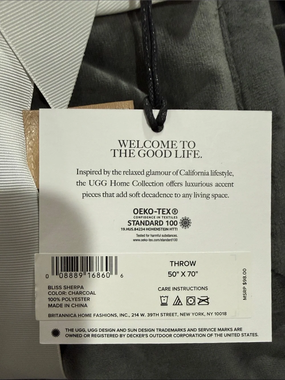 NWT UGG Duffield Throw Charcoal Gray Plush Throw with White Ribbon