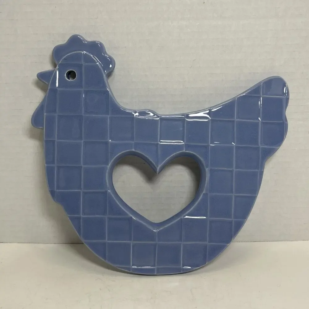 Treasure Craft Ceramic Pale Blue Chicken Hen Trivet Wall Decor Country Heart