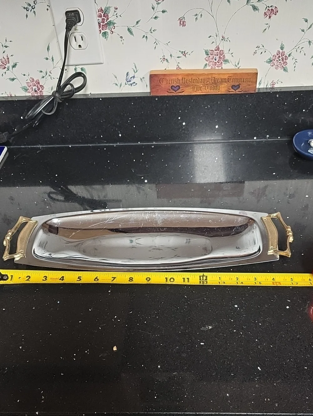 Very Vintage. Silver-Tone Long Serving Tray with Gold Handles