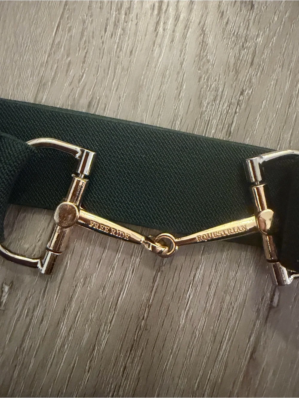 Free Ride Equestrian Hunter Green Elastic Waist Belt with Gold Horsebit Detail
