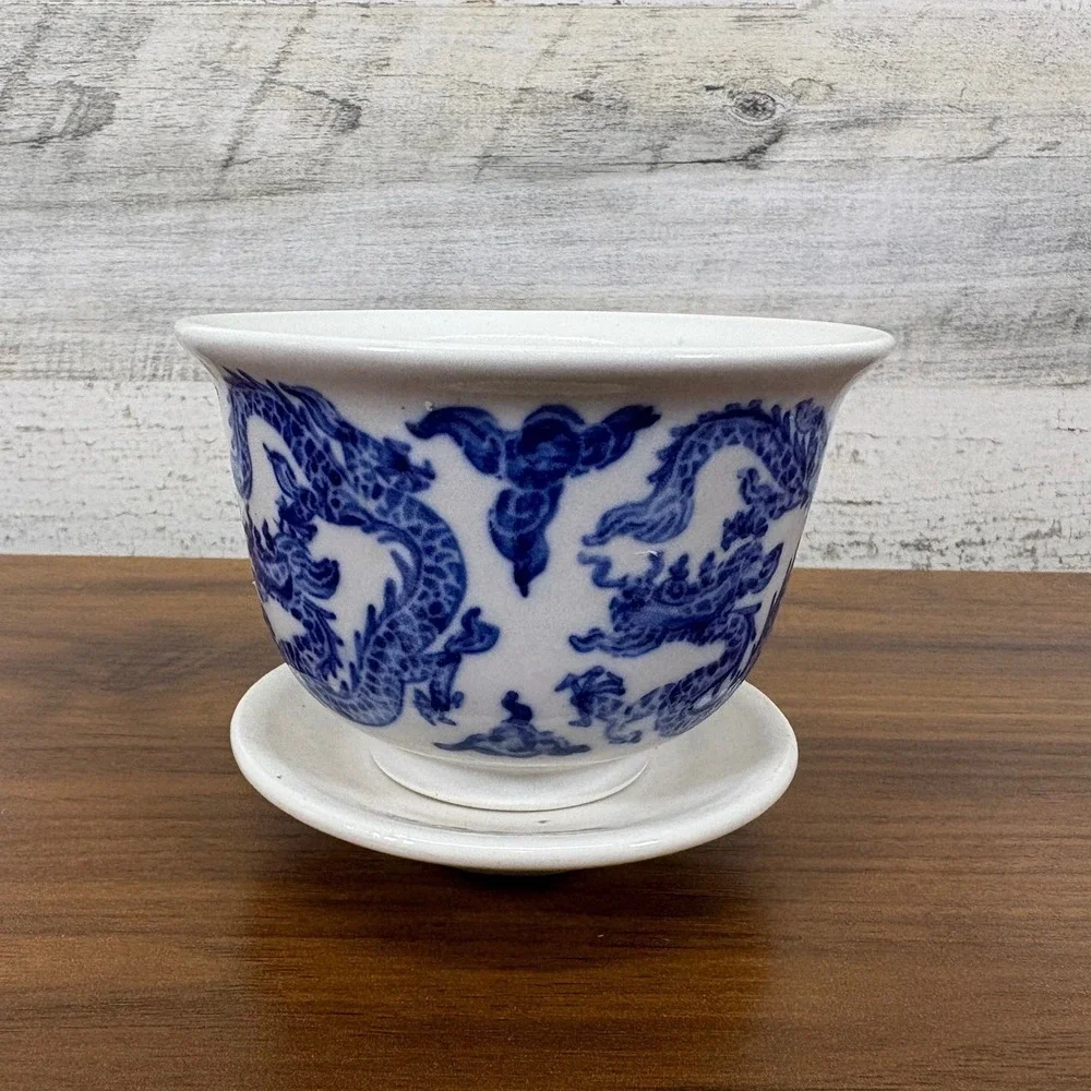 Vintage Chinese Blue Porcelain Dragon Bowl Cobalt Blue with‎ Base 3.5