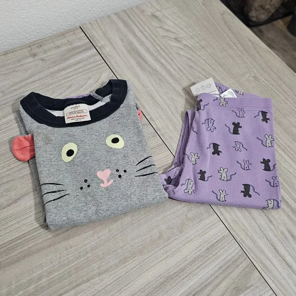 Hanna Andersson Pajama Set Gray Purple Mouse Face Ears Long Sleeve Halloween