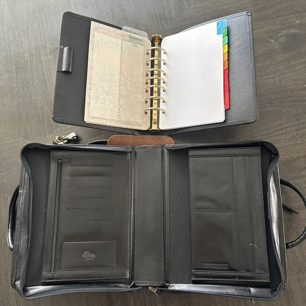Vintage Franklin Quest Full Grain Aniline Leather Classic Planner Black Zip Bag