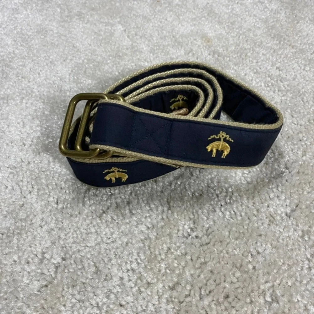 Brooks Brothers Belt Mens XL Navy Blue Golden Fleece Embroidered D-Ring Preppy