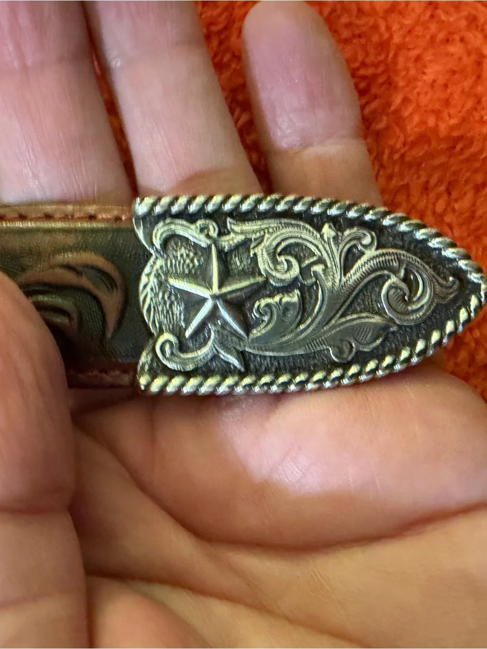 Tony Lama Western Leather Belt Size 42 Tooled Brown Silver Star Buckle EUC