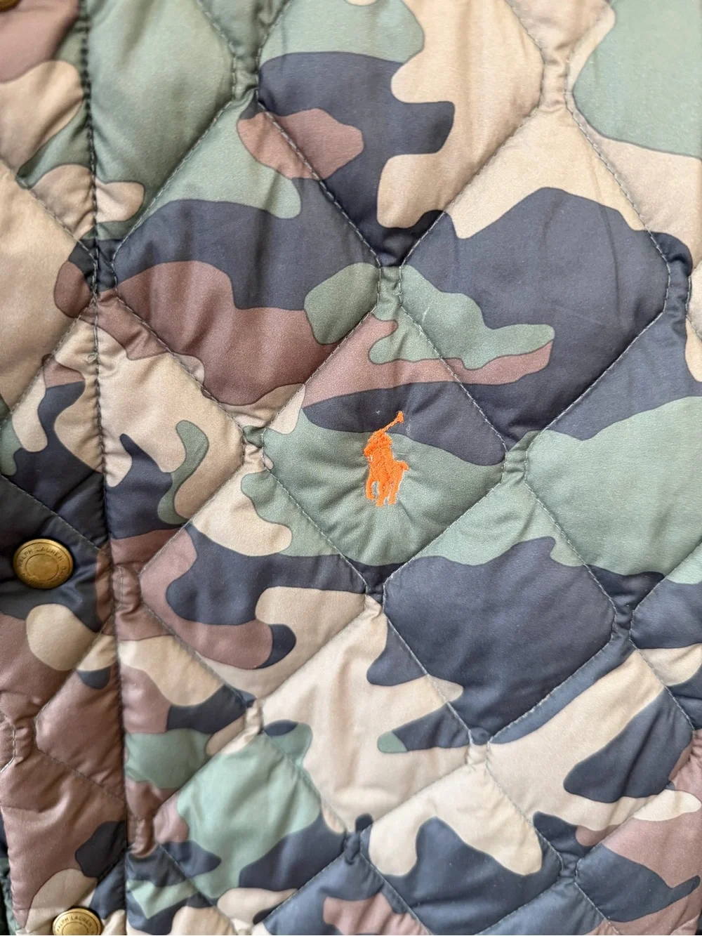 Polo Ralph Lauren Boys Quilted Camo Jacket L 14-16 Orange Pony