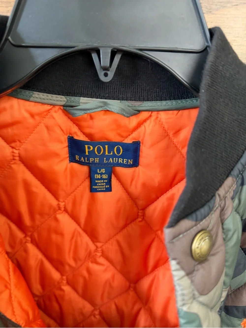 Polo Ralph Lauren Boys Quilted Camo Jacket L 14-16 Orange Pony