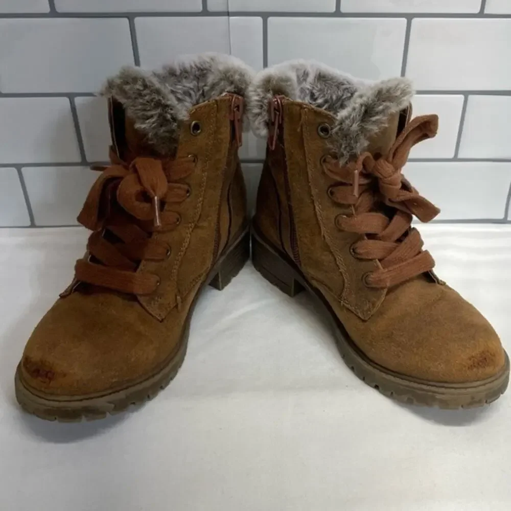 Madden Girl Toddler Girls Brown Faux Suede Faux Fur Lace Up Ankle Boots Sz 12