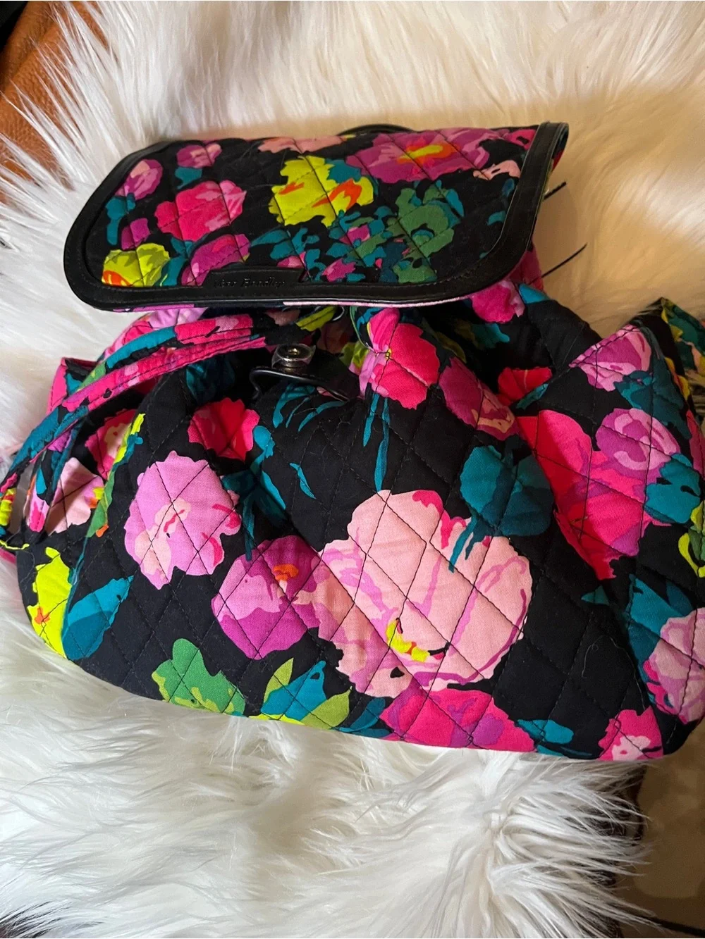 Vera Bradley Black Quilted Backpack with Pink, Teal & Lime Floral Print