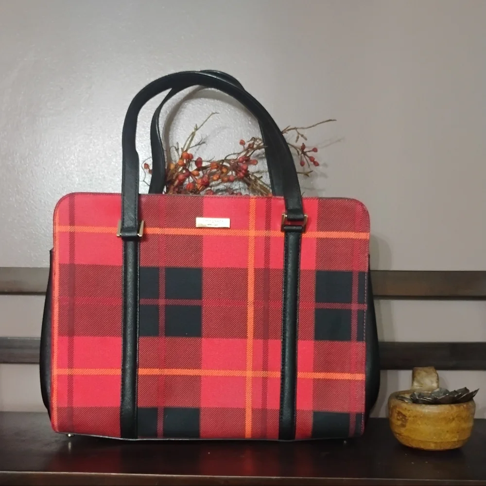 Kate Spade New York Newbury Lane Tote Red & Black Plaid & Saffiano Leather Trim