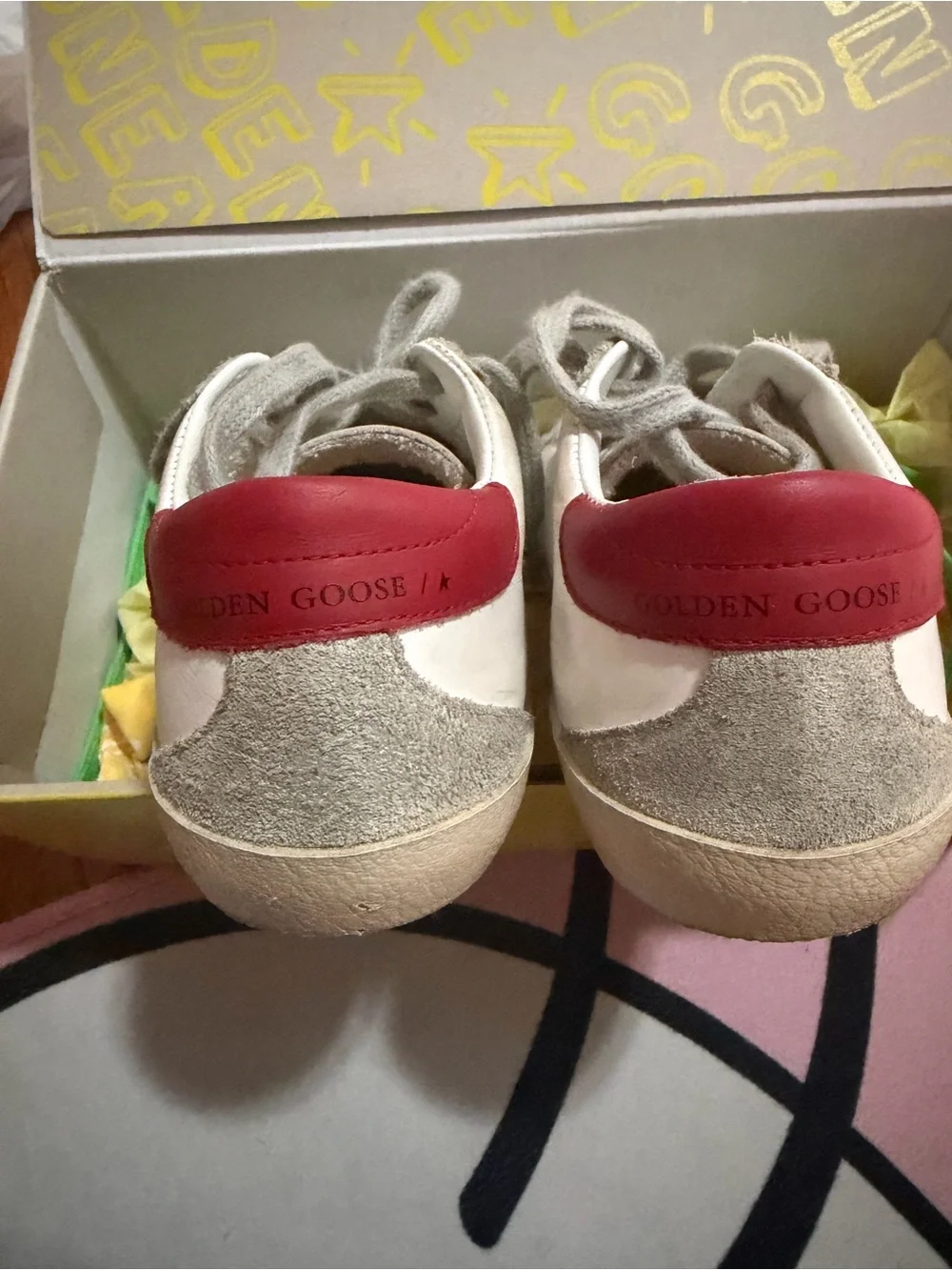 Golden Goose Kids White Sneakers with Red Heel Tab and Gray Star
