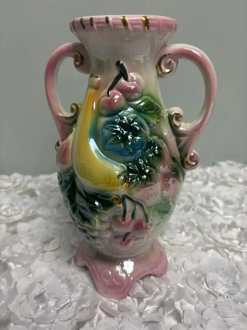 Vintage Majolica Lusterware Fruit Vase Double Handled Iridescent Ceramic 10