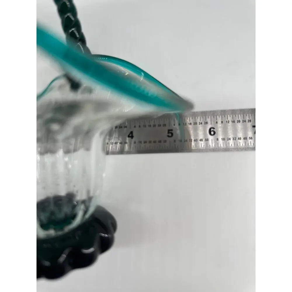 Vintage Hand Blown Art Glass Basket Teal Blue Rim Rope Handle Murano Style