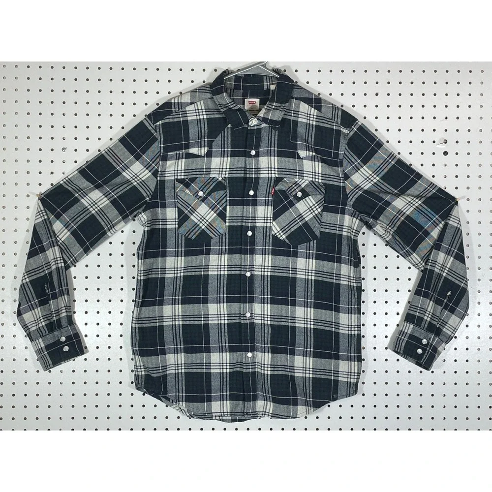 Levis Mens Standard Fit Plaid Western Snap Shirt Navy White PC9-85745-0027