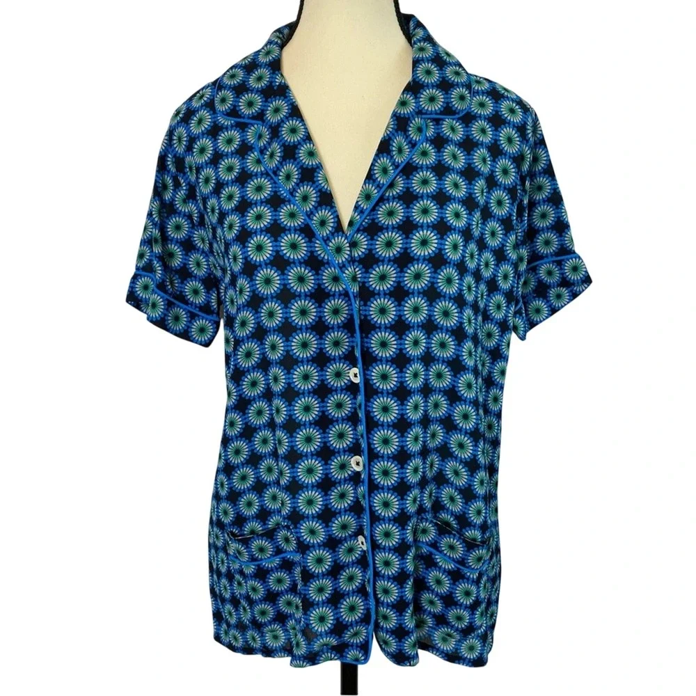 J.Crew Women's Retro Print Short Sleeve Button Up Shirt Size 6‎ Funky Sleep Top