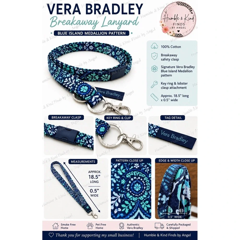 Vera Bradley Lighten Up Lanyard Blue‎ Island Medallion NWT Teal Navy Floral gift