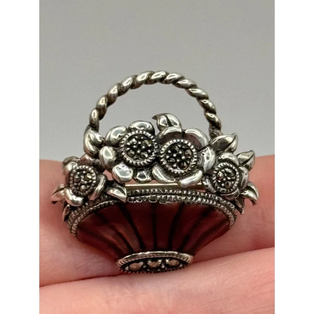 Judith Jack Sterling Silver Marcasite Enamel Flower Basket‎ Brooch Pin