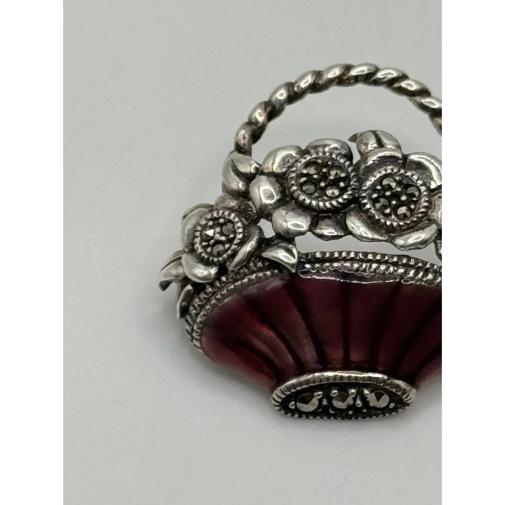 Judith Jack Sterling Silver Marcasite Enamel Flower Basket‎ Brooch Pin
