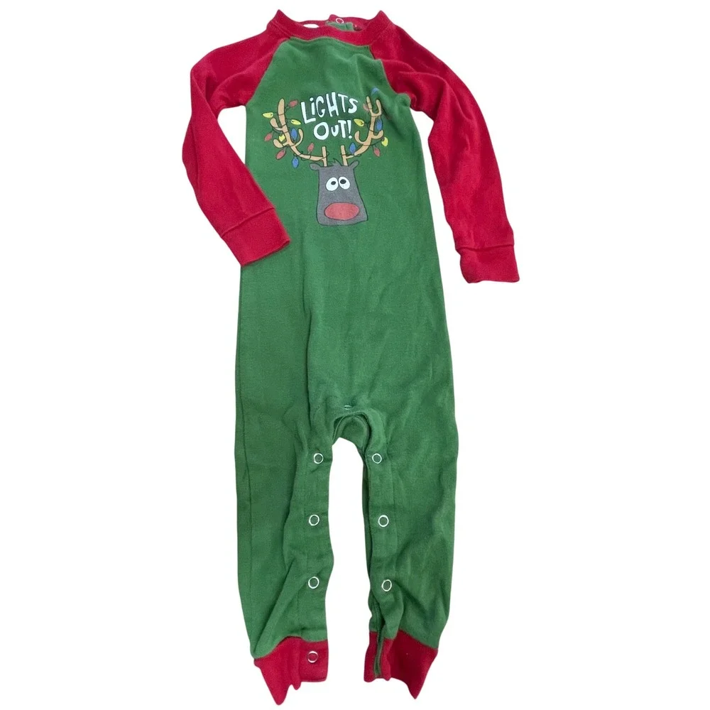 Lazy One Kids Union Suit‎ Pajamas 12M Christmas Reindeer Lights Out Green Red