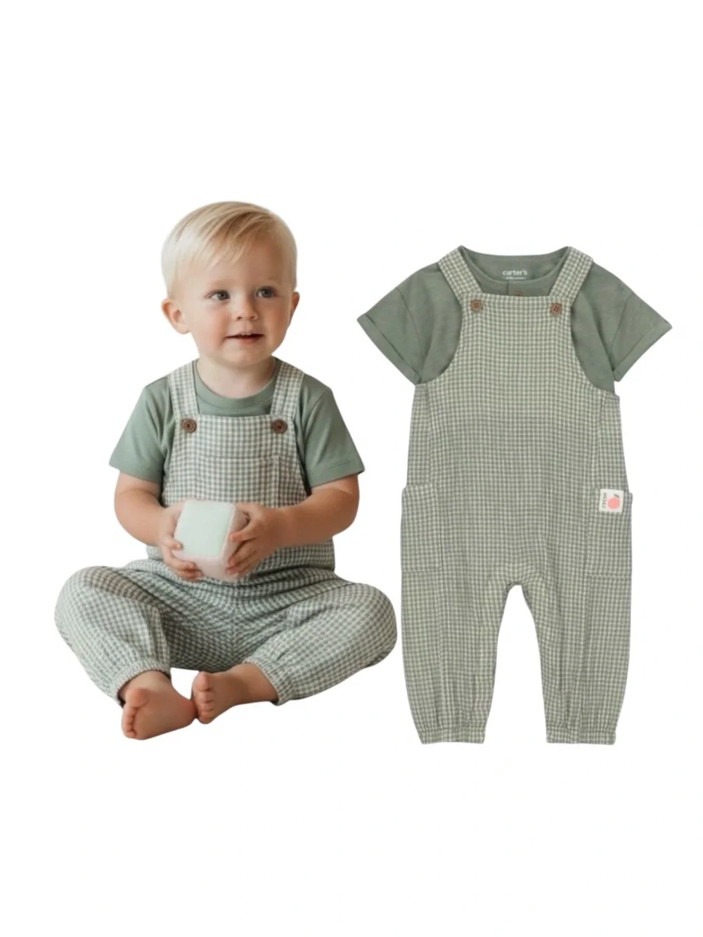 Carter's Light Sage Gingham Overalls Set