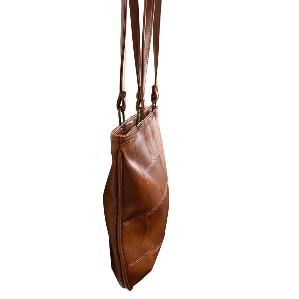 Vintage Patchwork Vegan Leather‎ Tote Purse Bag Tan Retro Minimalist Boho