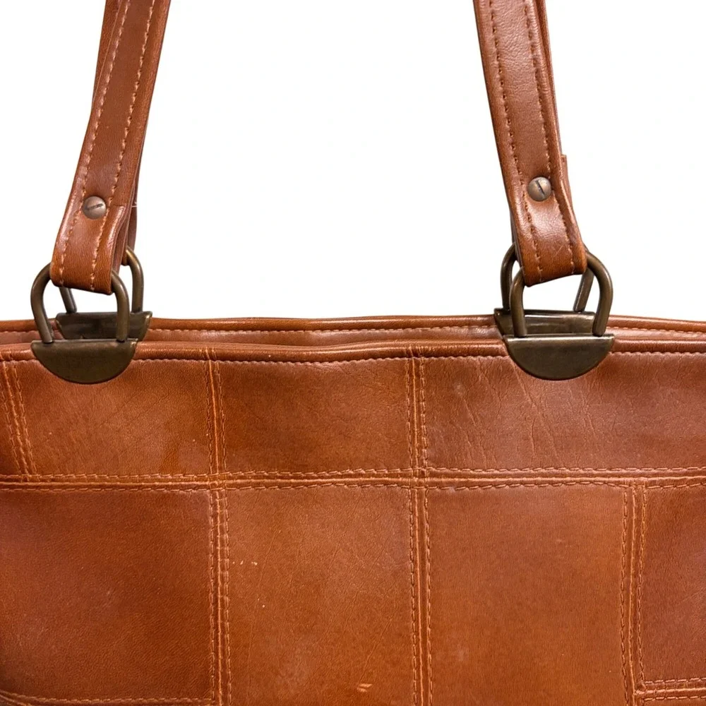Vintage Patchwork Vegan Leather‎ Tote Purse Bag Tan Retro Minimalist Boho