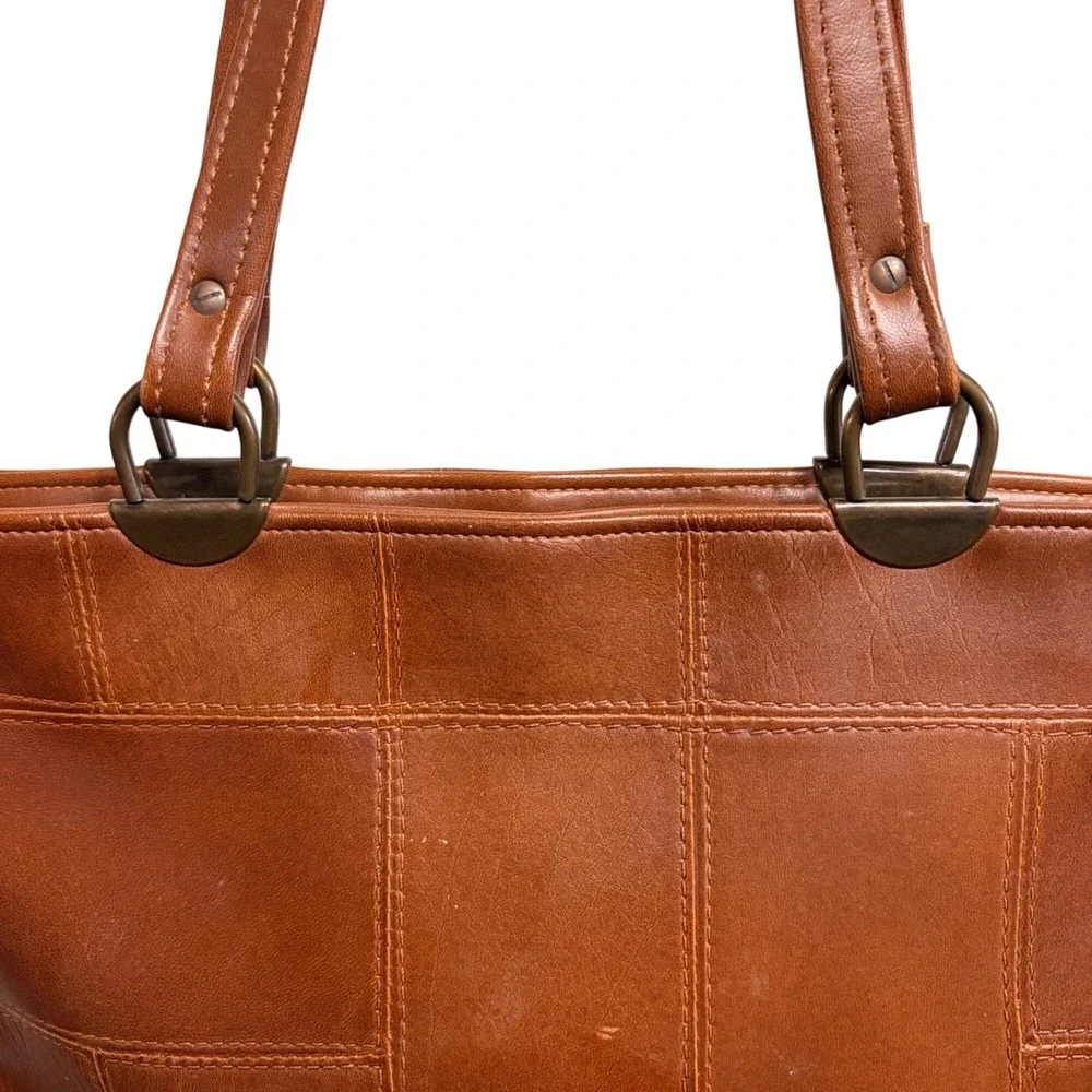 Vintage Patchwork Vegan Leather‎ Tote Purse Bag Tan Retro Minimalist Boho