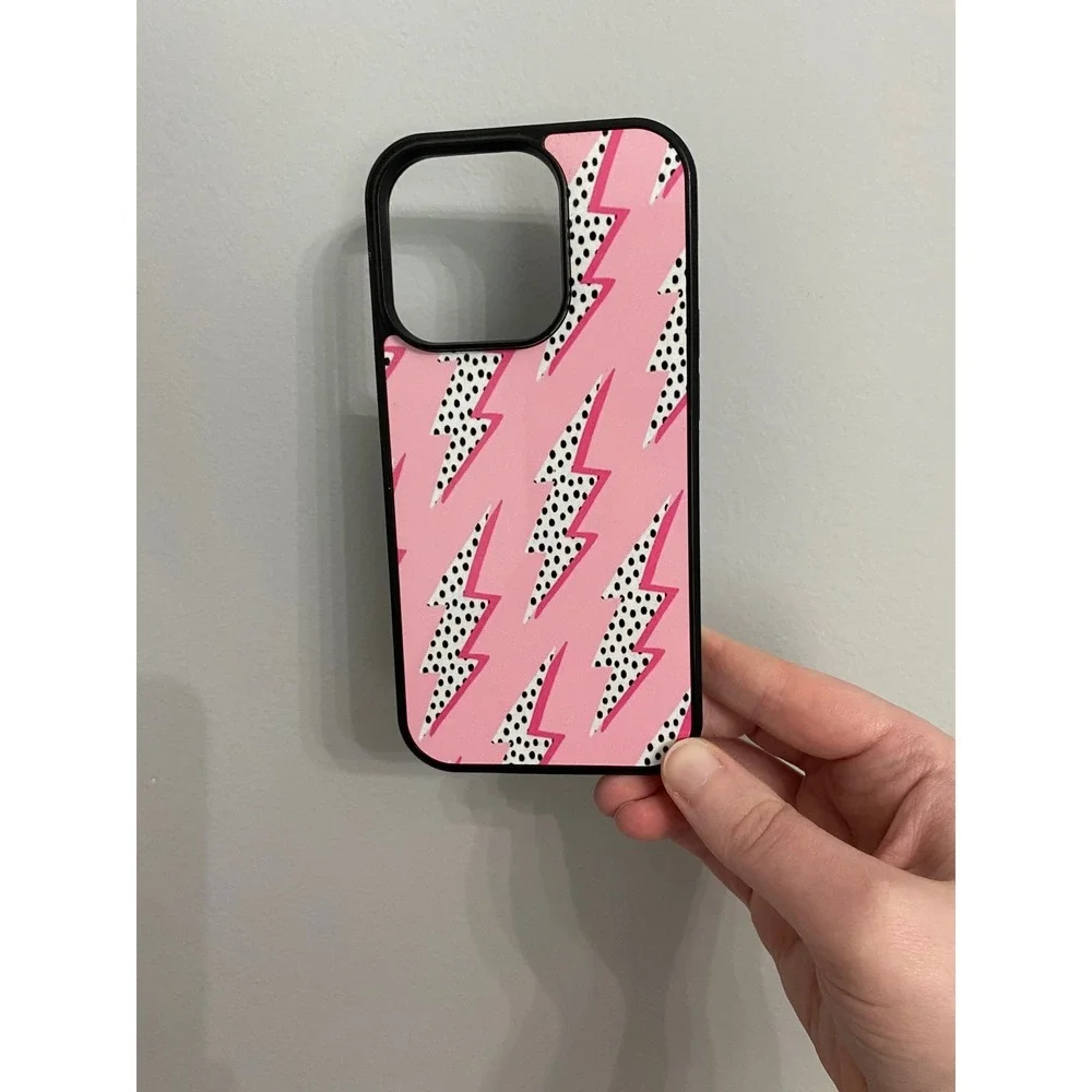 Lightning Bolt iPhone 14 Pro Case Unisex One Size‎ Pink Polka Dot Preppy Bumper